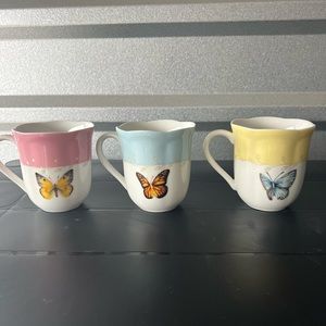 Lenox Butterfly Meadow Set of 3 Coffee Tea  Mugs Yellow Blue Pink Gardencore